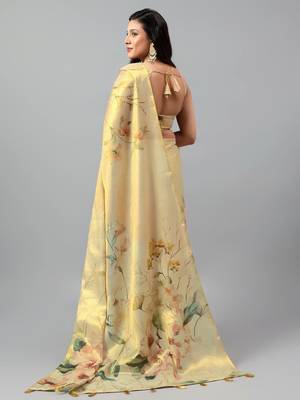 Gold tissue printed saree with blouse 3