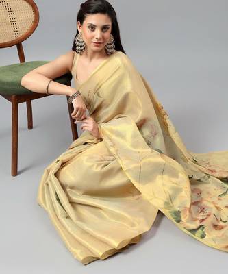Gold tissue printed saree with blouse 4