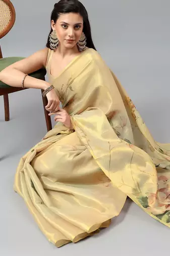 Gold tissue printed saree with blouse