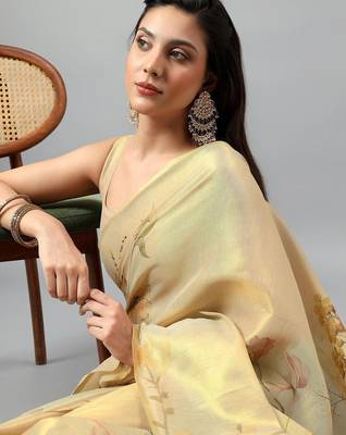 Gold tissue printed saree with blouse 5