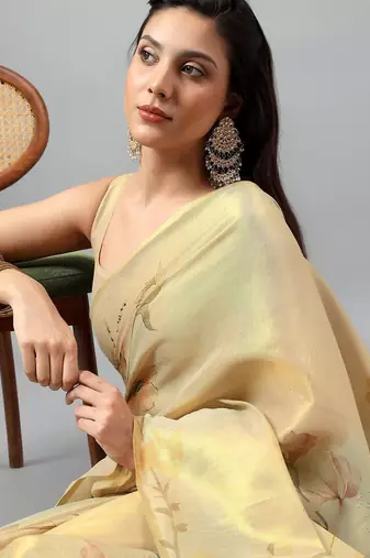 Gold tissue printed saree with blouse