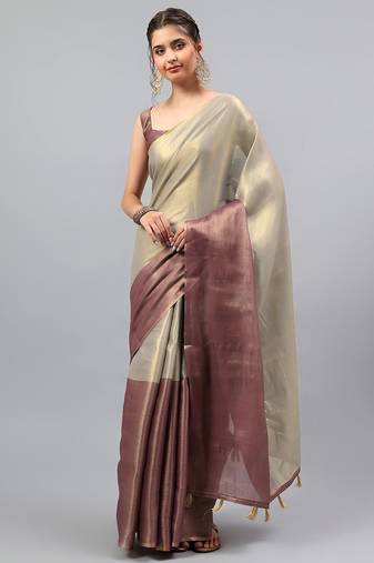Grey polyester solid saree with blouse