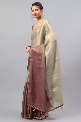 Grey polyester solid saree with blouse