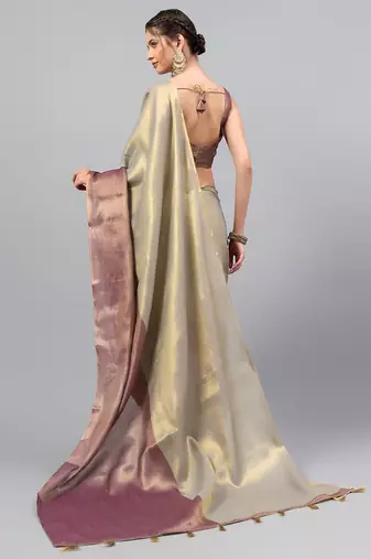 Grey polyester solid saree with blouse