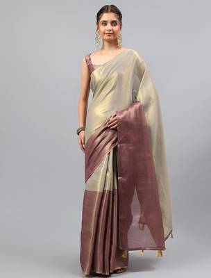 Grey polyester solid saree with blouse 4