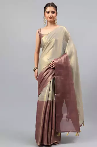 Grey polyester solid saree with blouse