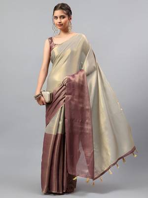 Grey polyester solid saree with blouse 5