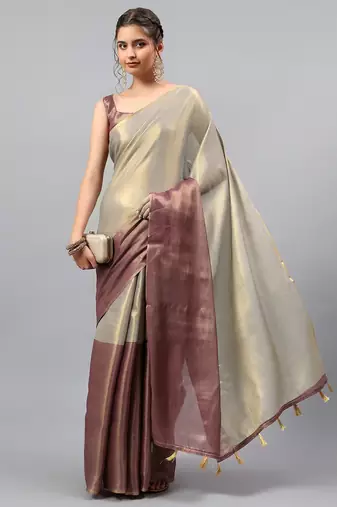 Grey polyester solid saree with blouse