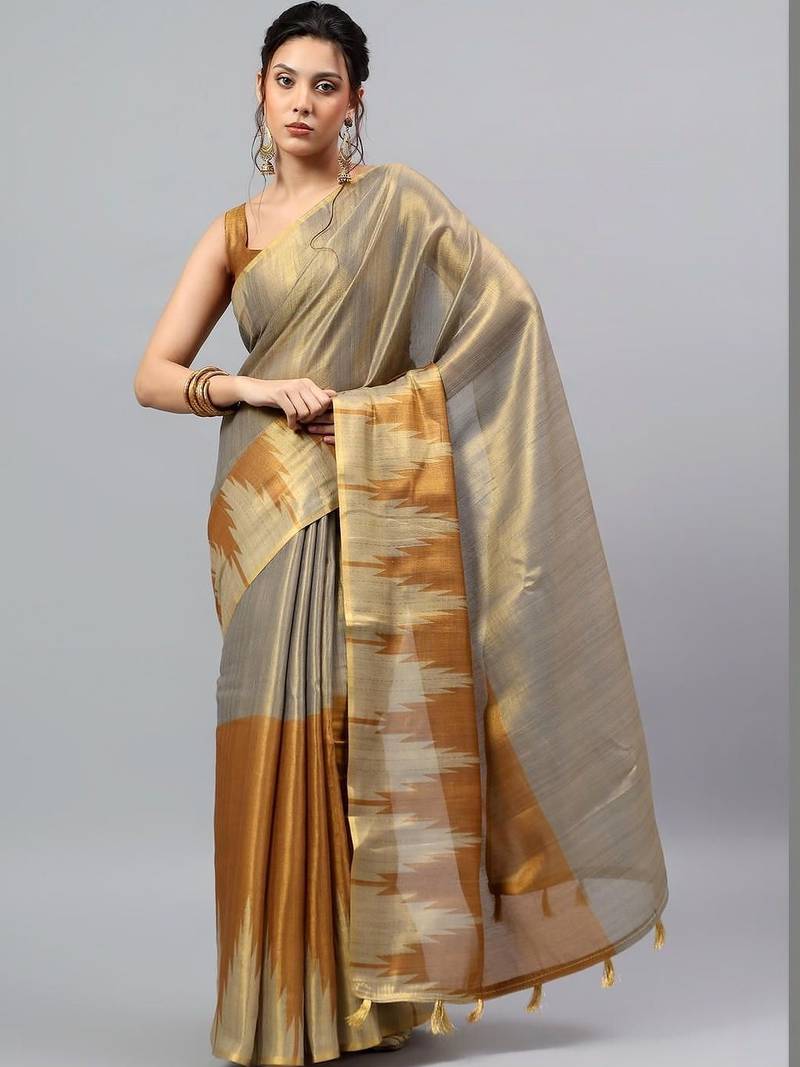 Grey tissue woven design saree with blouse