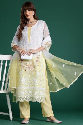 Floral Embroidered Sequinned Kurta With Trousers & Dupatta