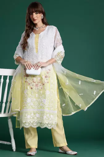 Floral Embroidered Sequinned Kurta With Trousers & Dupatta