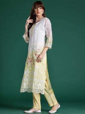 Floral Embroidered Sequinned Kurta With Trousers & Dupatta 5