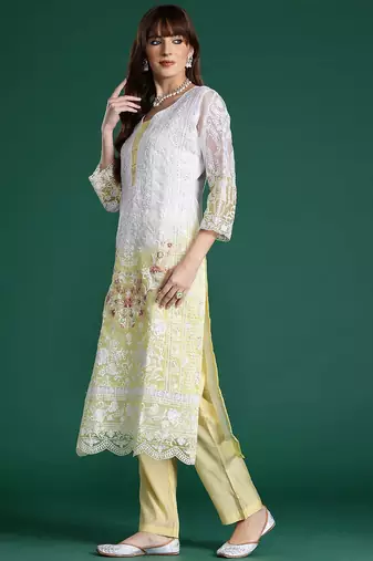 Floral Embroidered Sequinned Kurta With Trousers & Dupatta