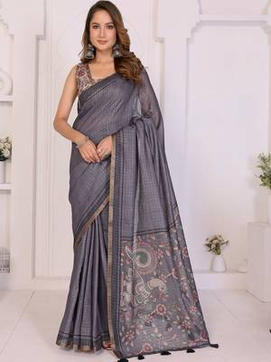 Grey linen checked saree with blouse 1