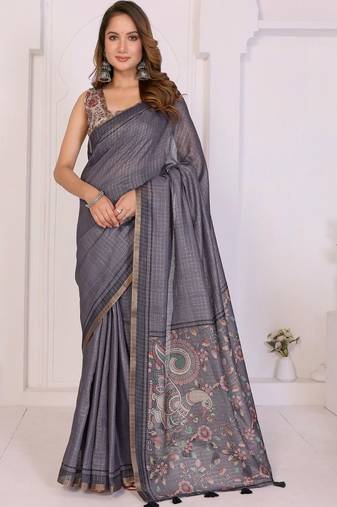 Grey linen checked saree with blouse