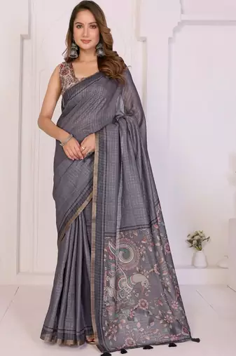 Grey linen checked saree with blouse