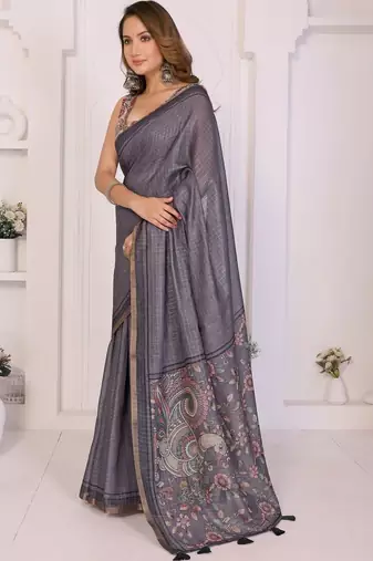 Grey linen checked saree with blouse