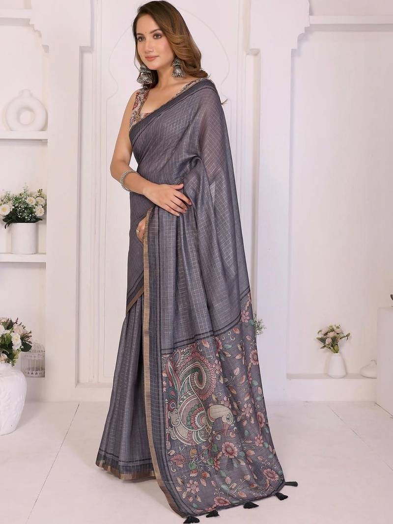 Grey linen checked saree with blouse