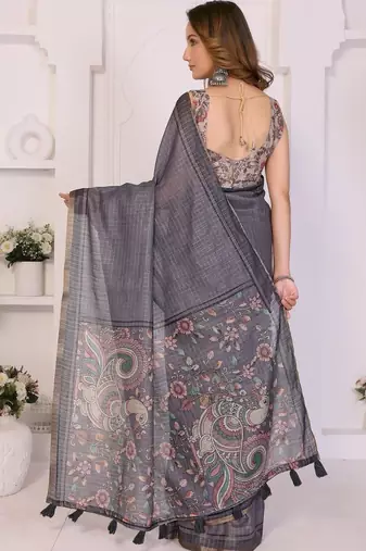 Grey linen checked saree with blouse