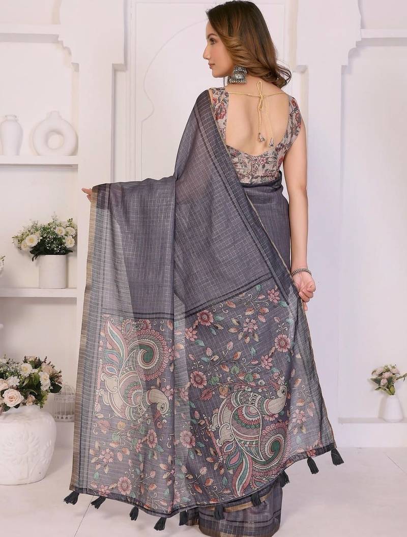 Grey linen checked saree with blouse