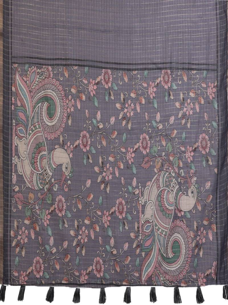 Grey linen checked saree with blouse
