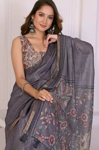 Grey linen checked saree with blouse