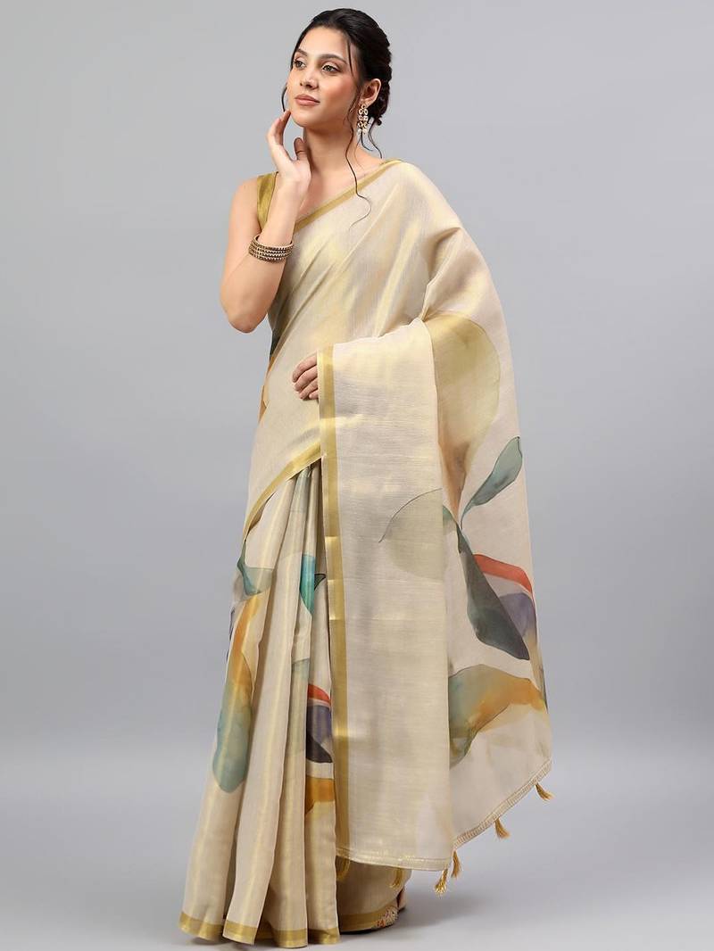 Off white tissue printed saree with blouse