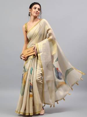 Off white tissue printed saree with blouse 4
