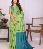 Lime pure linen printed saree with blouse