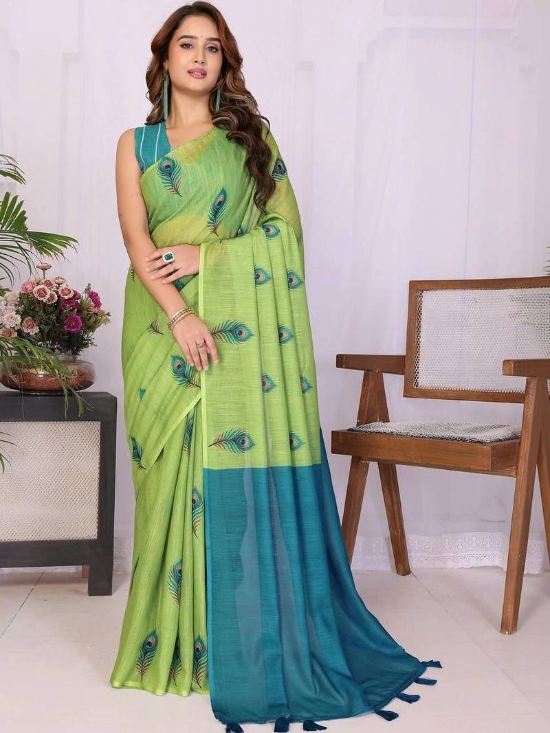 Lime pure linen printed saree with blouse