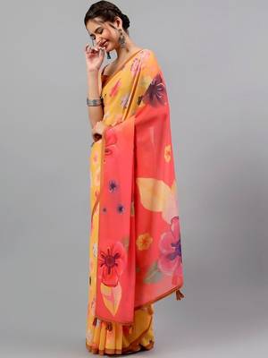 Yellow pure georgette printed saree with blouse 1