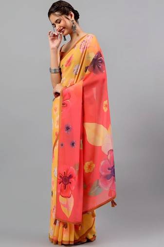 Yellow pure georgette printed saree with blouse