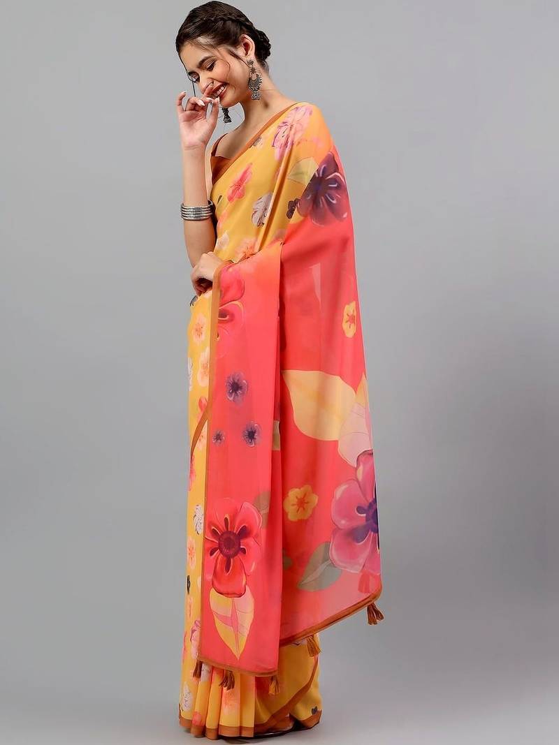 Yellow pure georgette printed saree with blouse