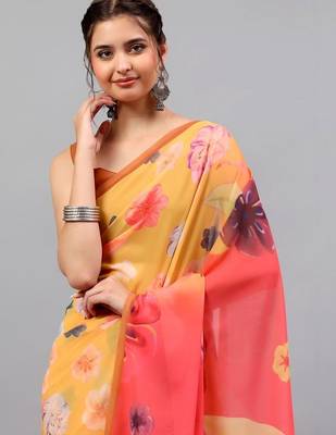 Yellow pure georgette printed saree with blouse 2