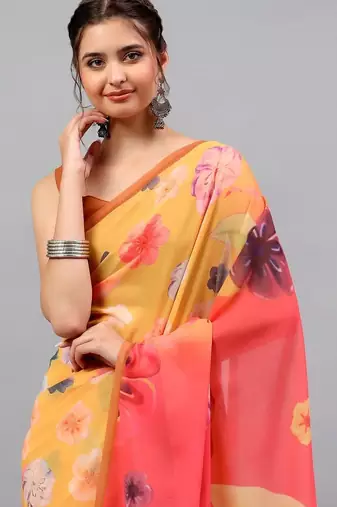 Yellow pure georgette printed saree with blouse