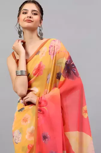 Yellow pure georgette printed saree with blouse