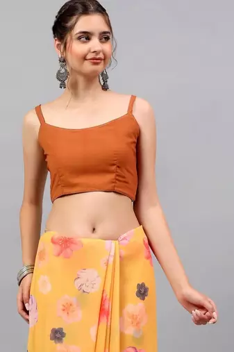 Yellow pure georgette printed saree with blouse