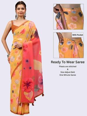 Yellow pure georgette printed saree with blouse 5
