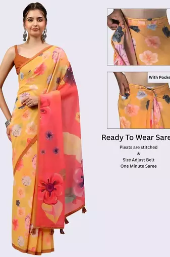 Yellow pure georgette printed saree with blouse