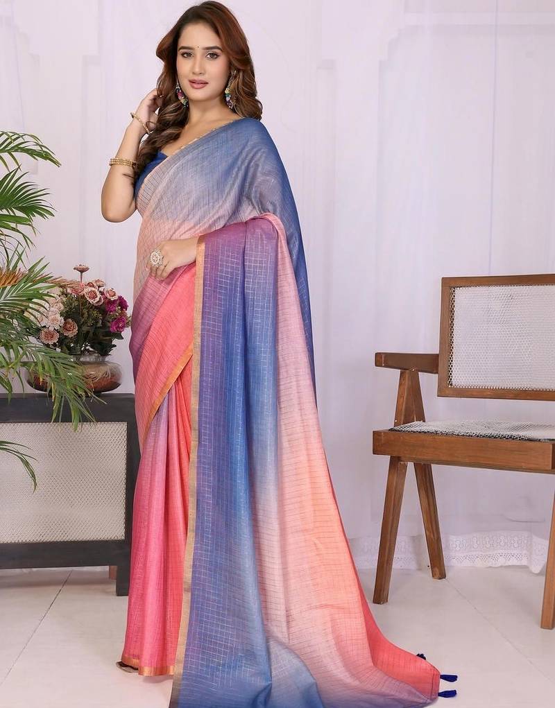 Multicolor linen checked saree with blouse