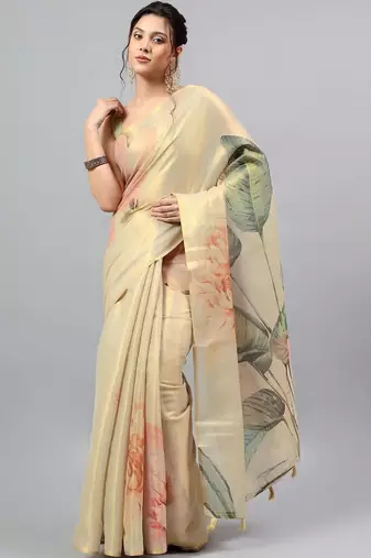Cream tussar printed saree with blouse