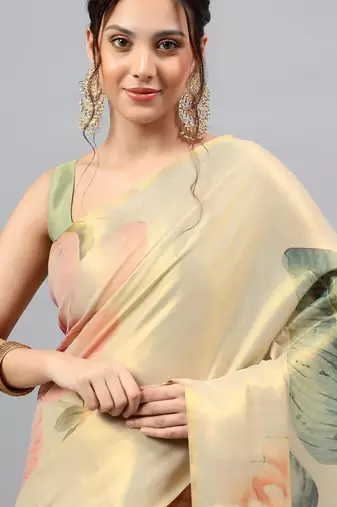 Cream tussar printed saree with blouse