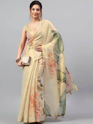 Cream tussar printed saree with blouse 3