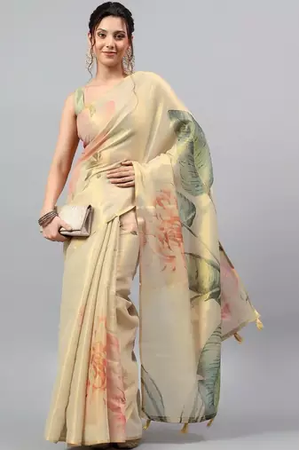 Cream tussar printed saree with blouse