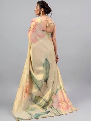 Cream tussar printed saree with blouse 5