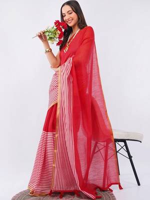 Red linen striped saree with blouse 1