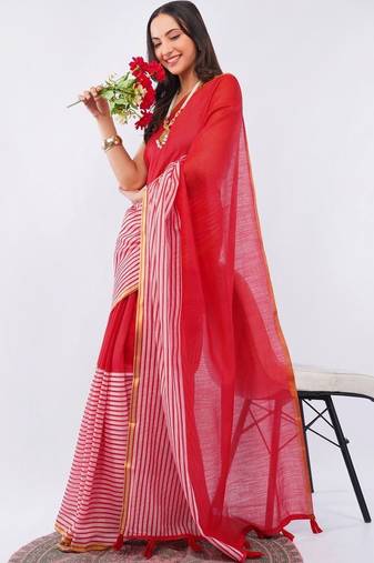 Red linen striped saree with blouse