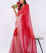 Red linen striped saree with blouse