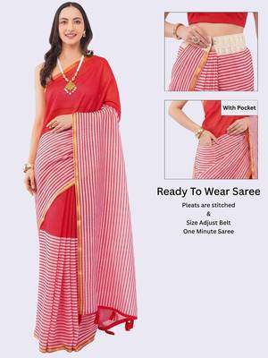 Red linen striped saree with blouse 2