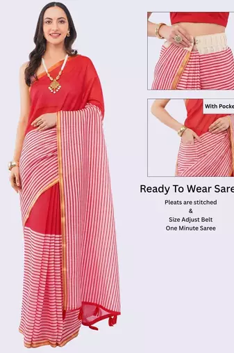 Red linen striped saree with blouse